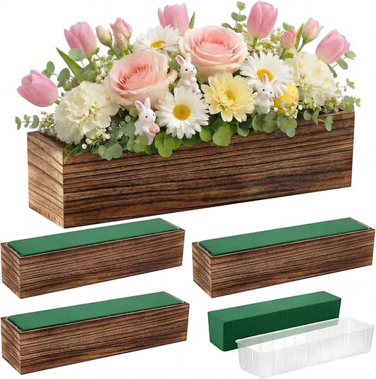 Dandat 4 Set Wood Boxes for Centerpieces 16x4 Inch Rectangle Wooden Planter Box Rustic Wood Planter with Removable Plastic Liner Floral Foam Blocks for Centerpieces Home Wedding Garden Decor