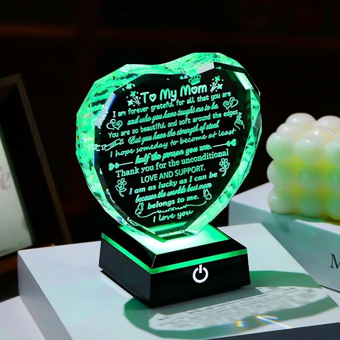 Arikyrist Mom Gifts from Daughter Son Heart Crystal Keepsake to My Mom with Colorful LED Light Base Best Mom Ever Gifts on Birthday Rrtirement Anniversary