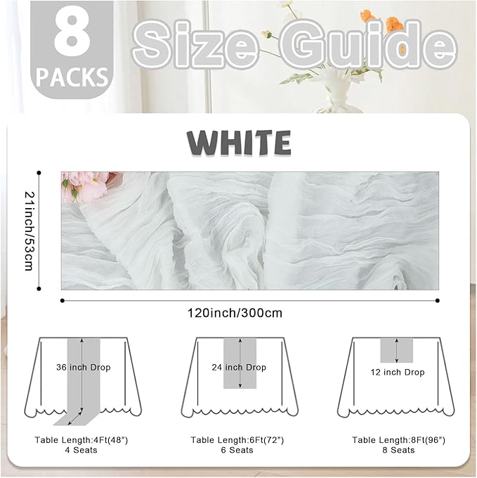 8 Pack White Cheesecloth Table Runner 21x120 Inch Gauze Table Runners Reusable Polyester 10ft Boho Rustic Cheese Cloth Table Runner for Wedding Party Baby Shower Birthday