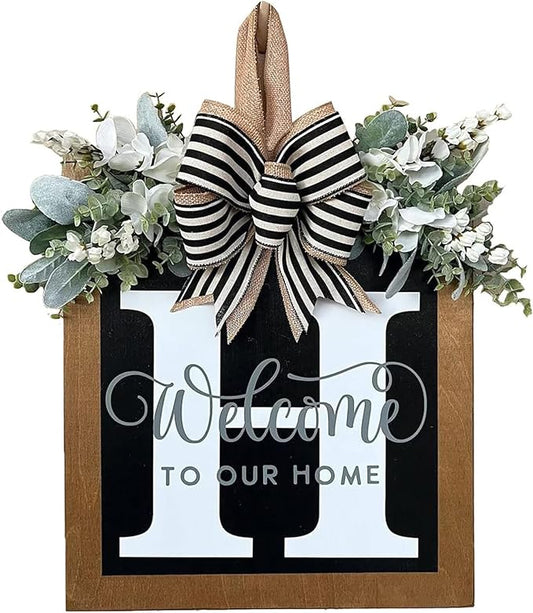 Last Name Year Round Front Door Wreath Front Porch Decoration 26 Letter Welcome Sign with Eucalyptus Garland and Bow Spring Wreaths for Front Door Outside Hanger Garland（H）