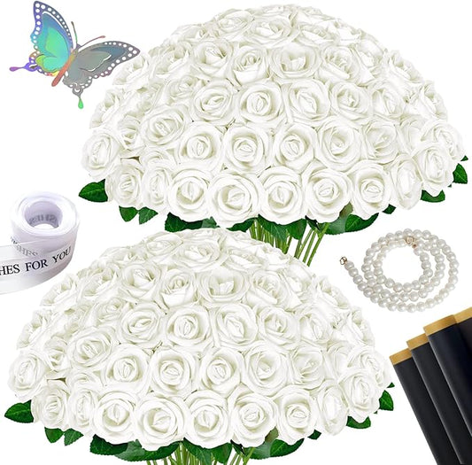 100 Pcs Fake Roses White Artificial Flowers Bulk, Faux Velvet Silk Rose Bouquet with Long Stems Real Look for Wedding Party Centerpieces Vases Decor