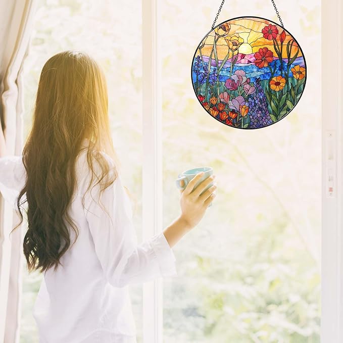Wildflowers Stained Glass Suncatcher for Window, 7.8in Hanging Decor | Stained glass hanging window suncatcher, colorful sun catcher for indoor window decor and thoughtful gifts for women birthday