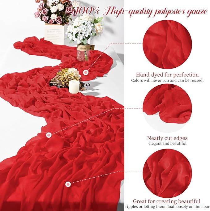 24 Packs Red Cheesecloth Table Runner,10ft Rustic Gauze Boho Wedding Table Runner Decoration, Wedding Table Decor Sheer Table Runner for Wedding Party Bridal Shower Table