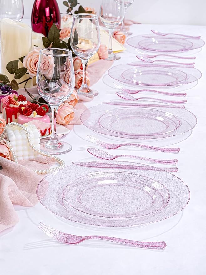 WDF 200PCS Pink Plastic Plates - Rose Gold Glitter Plastic Plates - Heavy Duty Pink Glitter Disposable Plates for Wedding Baby Shower Spring Birthday Mother's Day