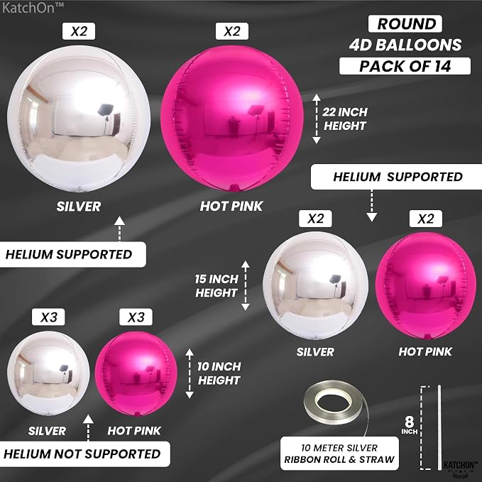KatchOn, Hot Pink and Silver Balloons - 22 Inch Pack of 14 | Silver and Hot Pink Foil Balloons for Baby Shower Decorations | Graduation Decorations | Bridal Shower and Birthday Decoration for Women