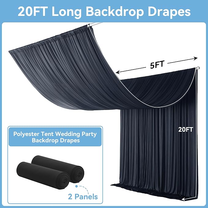 Outpain 10ftx20ft Black Backdrop Ceiling Drapes,2Panels 20ft Height Wrinkle Free Tent Draping Curtains, Fabric Drapery Ceiling Drapes for Wedding Ceremony Birthday Theme Parties with Rod Pocket