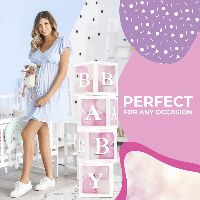 44-Piece Baby Shower Decorations for Boy or Girl - 4 Boxes with Letters and 32 Balloons - Classic White and Pink - Gender Reveal Party Supplies - Photo Shoot Backdrop Prop