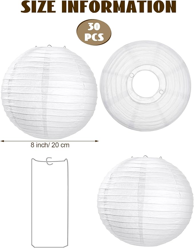 Treela 30 Pack White Chinese Japanese Paper Lanterns Decorative Hanging Round Paper Lantern Lamps for Wedding Birthday Party Decorations (8 Inch)
