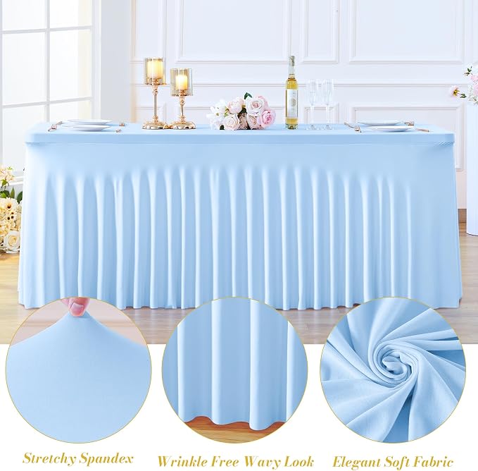 gogoparti 2 Pack Spandex Baby Blue Fitted Table Cloth for 8ft Rectangle Tables Light Blue Stretch Tablecloth Banquet Table Covers Wrinkle Free Tablecloths for Parties Wedding