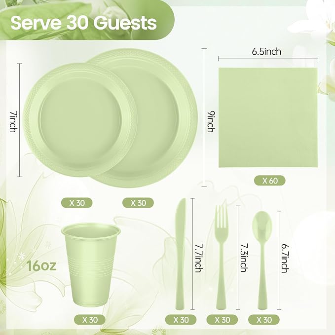 Kochorie 240 Pieces Sage Green Plastic Dinnerware Set Disposable Heavy Duty Plates Napkins Cups Silverware Dessert Dinner Plates for Birthday Wedding Baby Shower Party Supplies, Serves 30 Guests