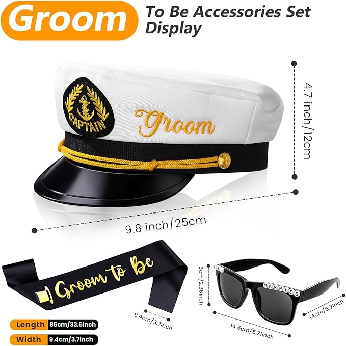6 Pcs Bachelor Party Accessories White Bride Cowgirl Hat with Veil Groom Captain Hat Bride Groom to Be Sash Sunglasses for Bridal Wedding Shower Favor Bachelorette Decor Gift