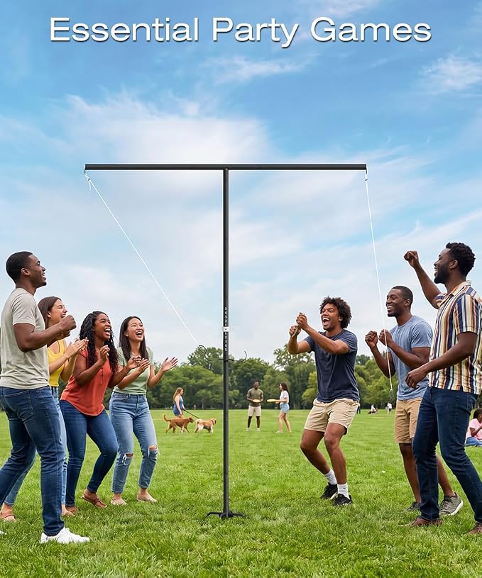 7.5FT Outdoor Giant Ring Toss Game for Adults and Family, Height Adjustable Hook and Ring Game with 3 Sizes Ring & 33FT DIY Rope for Party, Metal Large Ring Toss Game for Home, Yard, Black
