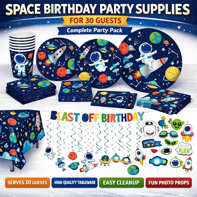 Serves 30 Complete Party Pack Outer Space Party Theme 9" Dinner Plates 7" Plates 30 Cups 2 Table Cover 30 Napkins 30 Beverage Napkins Blast off Birthday Banner 14 Swirls 12 Photo Props Space Birthday