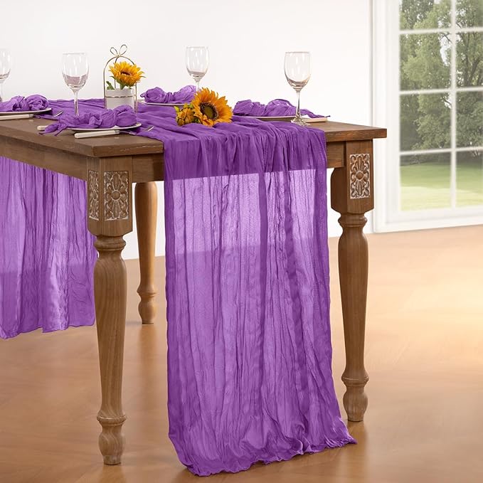 DeZerlor Dark Purple Cheesecloth Table Runner 4 Pack Spring Easter Table Runners Boho Gauze 120 Inches Cheese Cloth Easter Table Decorations for Wedding Bridal Baby Shower Parties
