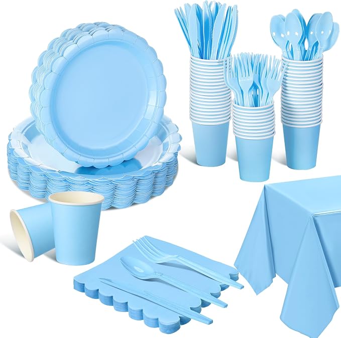 Tegeme 256 Pcs Light Blue Party Supplies Paper Plates Napkins Tablecloths Baby Blue Disposable Plastic Cups Forks Knives Spoons Serve 36 Guests for Birthday Baby Shower Wedding Dinnerware Decoration