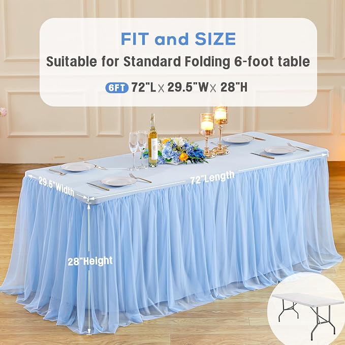 4 Pack 6ft Baby Blue Tulle Tablecloths for Rectangle Tables 72 x 30 Inch Rectangular Table Cloth Wrinkle Free Table Cover with Tutu Skirt for Baby Shower Birthday Party Banquet Buffet Cake Decorations