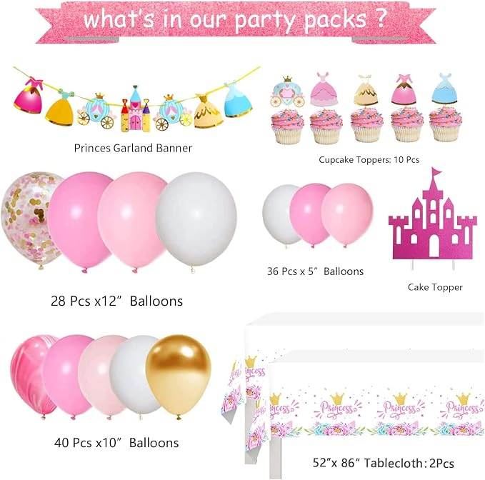 Princess Birthday Party Decorations for Girls Include Balloon Arch, Banner, Backdrop, Tablecloth, Tulle, Crown, Wand, Sash, Cake Topper Party Supplies
