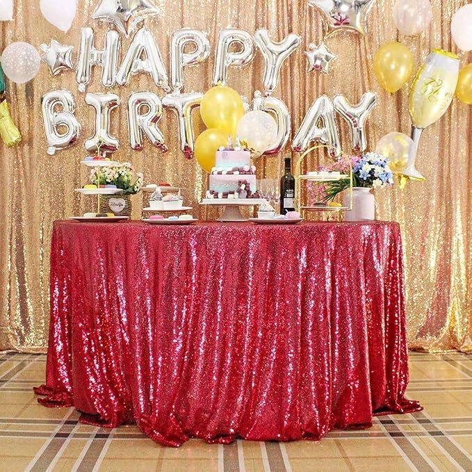 Burgundy Sequin Tablecloth, 132'' Round Sparkly Tablecloth, Glitter Tablecloth for Wedding Baby Shower Birthday Party Dinners