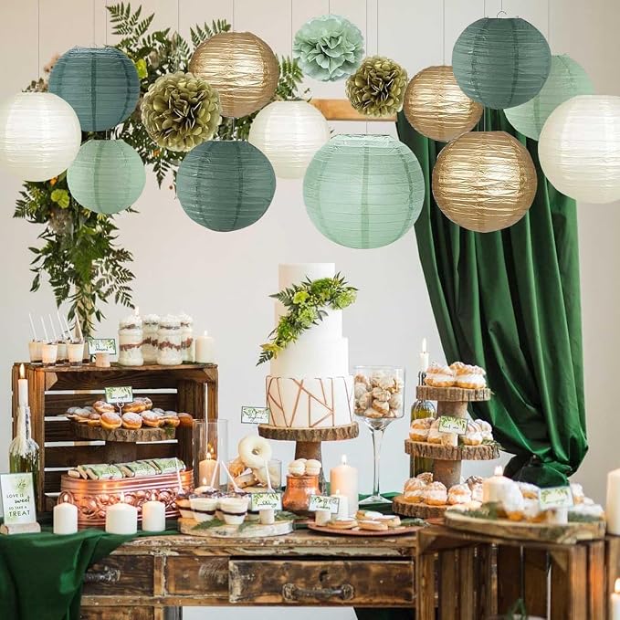 Green White Gold Paper Lanterns, 12Pcs Chiese Lanterns for Birthday Baby Shower Gender Reveal Wedding Party Decoration