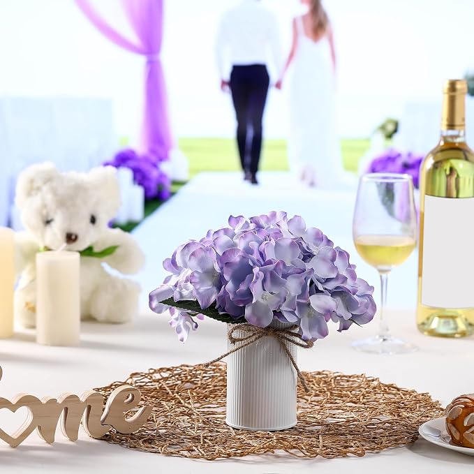 Zeyune Purple 12 Sets Wedding Flower Table Centerpieces Artificial Hydrangeas with Rustic Metal Vase Fake Hydrangea Flowers in Pot Floral Arrangement for Wedding Bridal Tea Party Table Home Decor