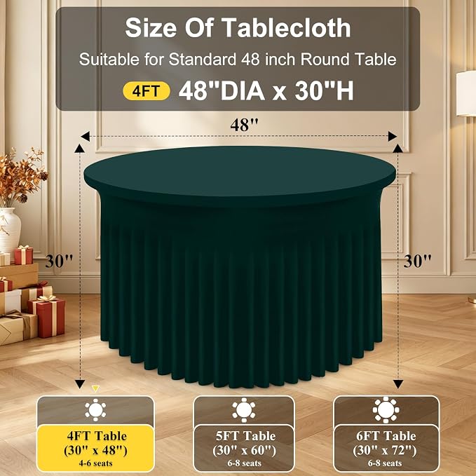 Smiry Round Spandex Tablecloth, Elastic Fitted Washable Tablecloths for 48 Round Tables, Waterpoof Stretch Table Cover Skirt for Outdoor, Wedding, Banquet & Parties, Hunter Green