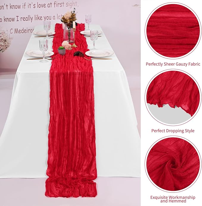 16 Pack Red Cheesecloth Table Runner 120 Inch 10FT Spring Boho Rustic Sheer Gauze Cheese Cloth Table Runner for Wedding Baby Shower Birthday Party Table Decor