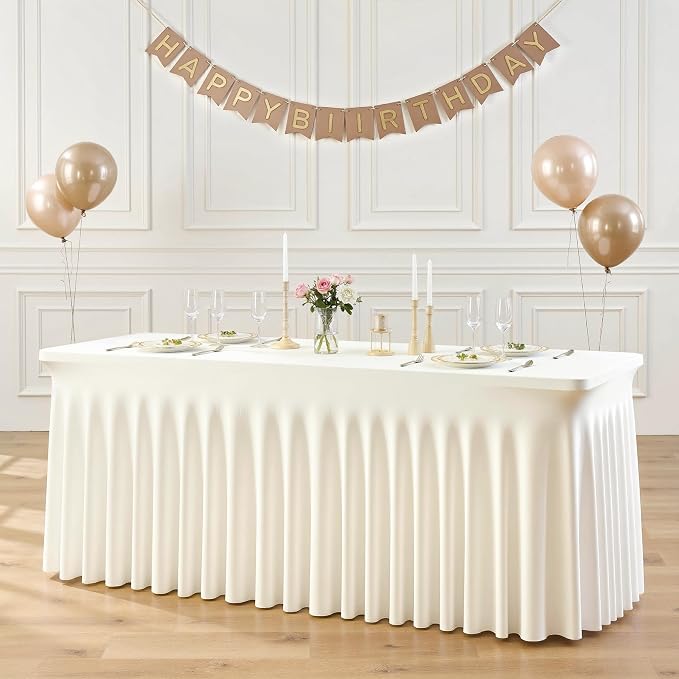 6 Pack 6ft Ivory Spandex Table Cloths for Rectangle Tables Wrinkle Free Ivory Rectangle Tablecloths Stretch Fitted Table Cover with Skirt for Wedding Birthday Party Banquet Baby Shower Buffet Event