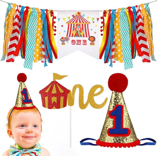 PRETYZOOM Circus Carnival Theme 1St Birthday Decorations Set with High Chair Banner Cake Flag and Number 1 Hat for Party Supplies
