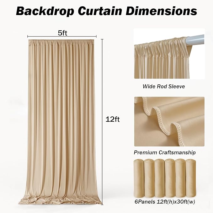 30ft×12ft Champagne Backdrop Curtain for Wedding Parties, 6 Panels Wrinkle Free Polyester Photo Backdrop Drapes Back Drop Cloth for Birthday Photography Background
