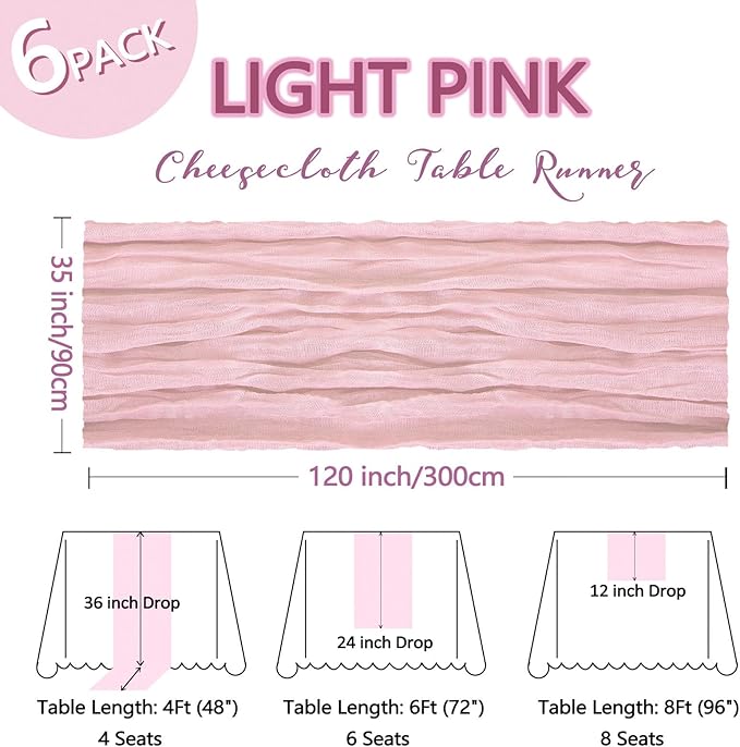 6 Pack Pink Table Runner Cheesecloth 10Ft Spring Gauze Cheese Cloth Table Runner 35x120 Inch Boho Rustic Sheer Fabric for Holiday Party Decor Baby Shower Wedding Home Decorations