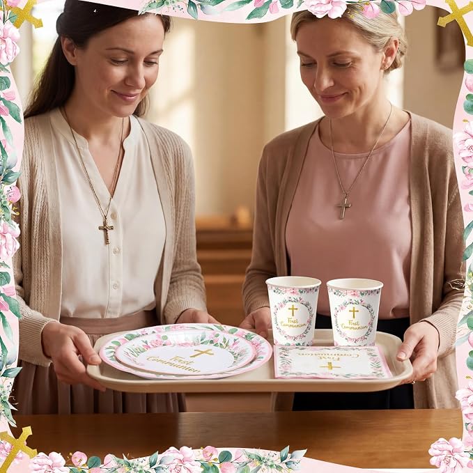 Pickmesh 250 Pcs Pink First Holy Communion Disposable Tableware Set God Bless Baptism Disposable Paper Plates Napkins and Cups for Girls Christening Celebration Baby Shower Religious Supplies Serve 50