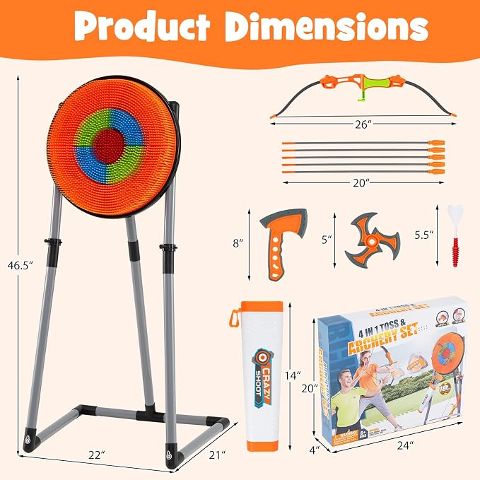 Costzon Axe Throwing Target Game for Backyard, 4 in 1 Kids Throwing Game w/5 Arrows, 3 Throwing Axes, 3 Ninja Darts, 3 Darts, Bristle Target & a Bow -Boys & Girls Indoor Outdoor Carnival Game Gifts