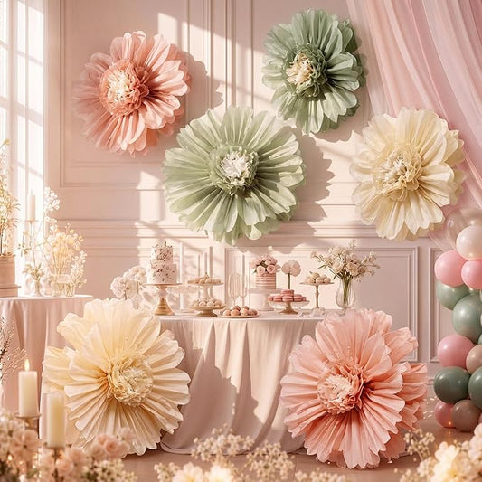 Giegxin 6 Pcs 31.5", 24" Pink and Sage Green Giant Paper Flowers Big Boho Sage Green Crepe Paper Flowers for Wall Decorations Wedding Baby Shower Birthday Bridal Shower Backdrop Classroom Party Decor