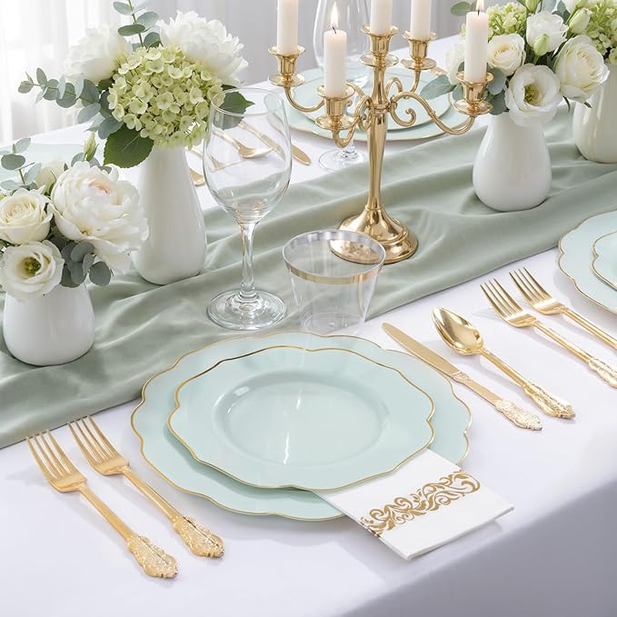 NOCCUR 175PCS Sage Green Plastic Plates with Gold Disposable Silverware - Include 50 Green and Gold Plastic Plates,25 Knives,25 Forks,25 Spoons,25 Cups and 25 Napkins - Mother's Day/Spring Party