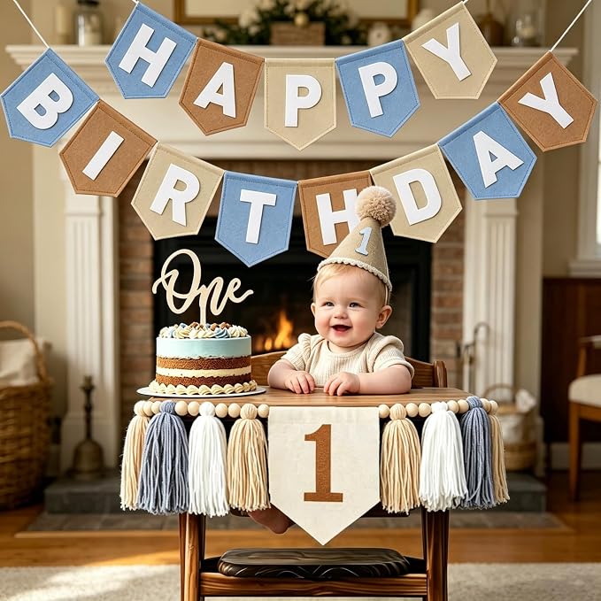 1st Birthday High Chair Banner Decorations - Neutral Felt Banner Set with Cake Topper & Party Hat, First Birthday Party Supplies