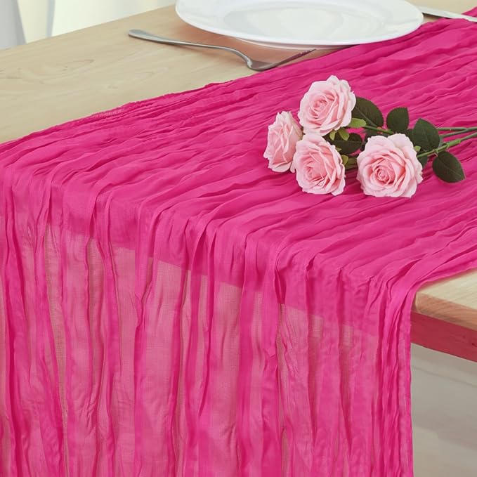 3 Pack Hot Pink Cheesecloth Table Runner 120 Inch 10FT Cheese Cloth Fabric Runners for Baby Shower, Valentine's Day, Wedding Decoration