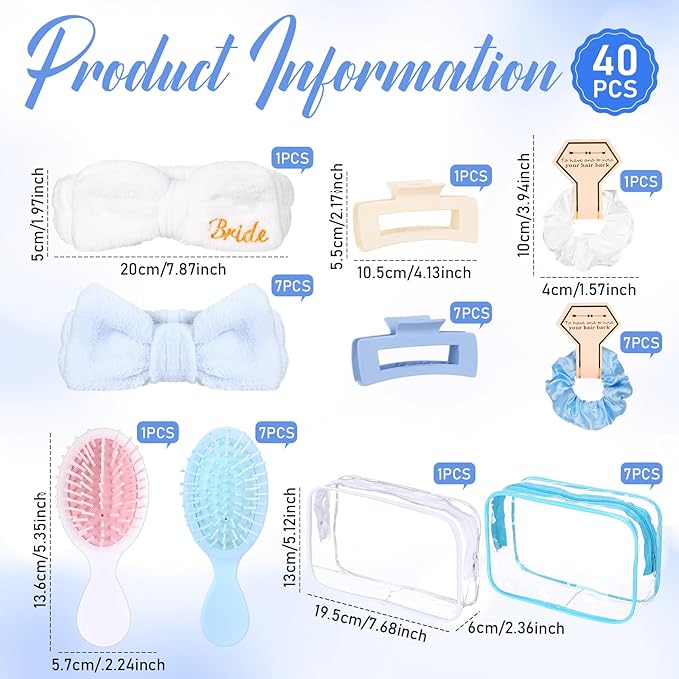 40 Pcs Bachelorette Favor Set Include Headband Scrunchies Hair Claw Clips Hairbrush and Makeup Bag for Bridal Shower Party Gifts Bridesmaid Wedding Supplies (White and Blue)