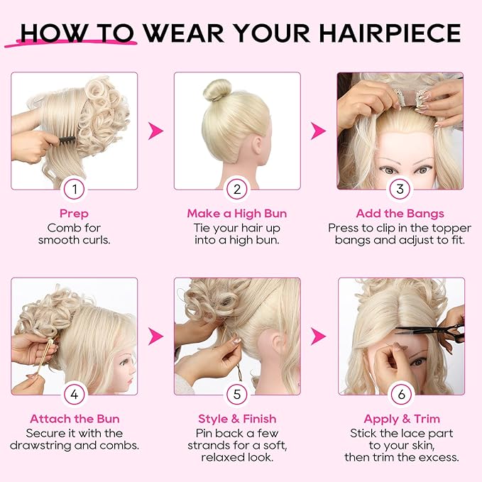 REECHO Messy Bun Hair Piece with Bangs - 2-in-1 Hair Bun Hairpieces Curly Updo Wig & Hair Topper with Long Side Bangs Natural-Looking Drawstring Ponytail Extension for Women - Chestnut Brown