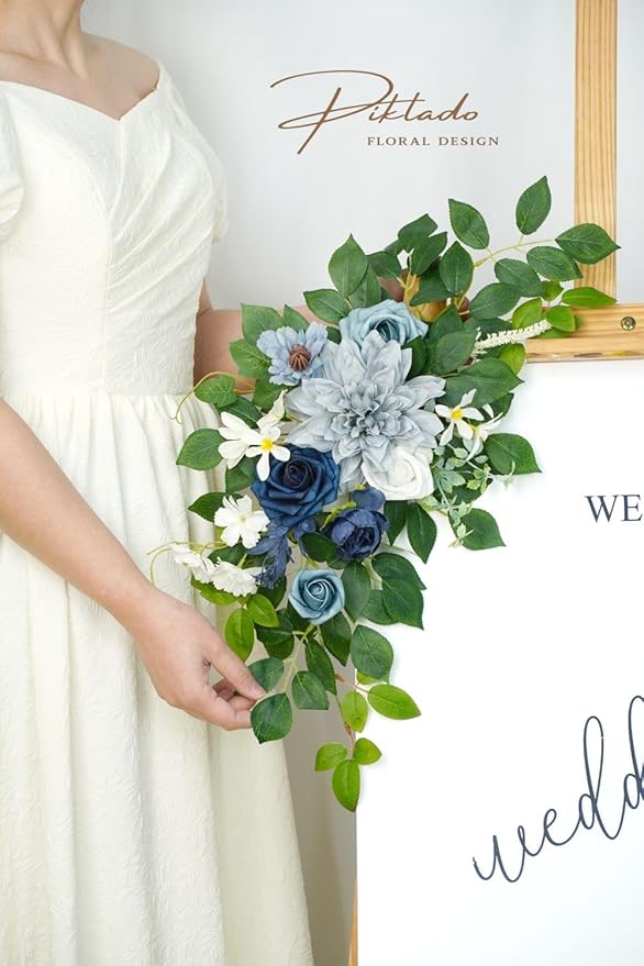 Wedding Decor (Pack of 2) Welcome Sign Flower Backdrop Garland for Ceremony Reception Wall Easel Home Decoration Entryway Faux Outdoor Board Head Table Decor (Dusty Blue & Navy)