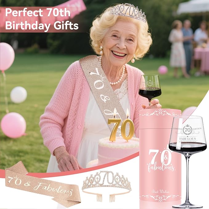 70TH Birthday Gifts for Women,Vintage Engraved 70th Wine Glass,70 Year Old Birthday Decorations For Her,70&Fabulous Sash and Tiara For Women,Friends,Sister-Turning 70th Party Favor Supplies