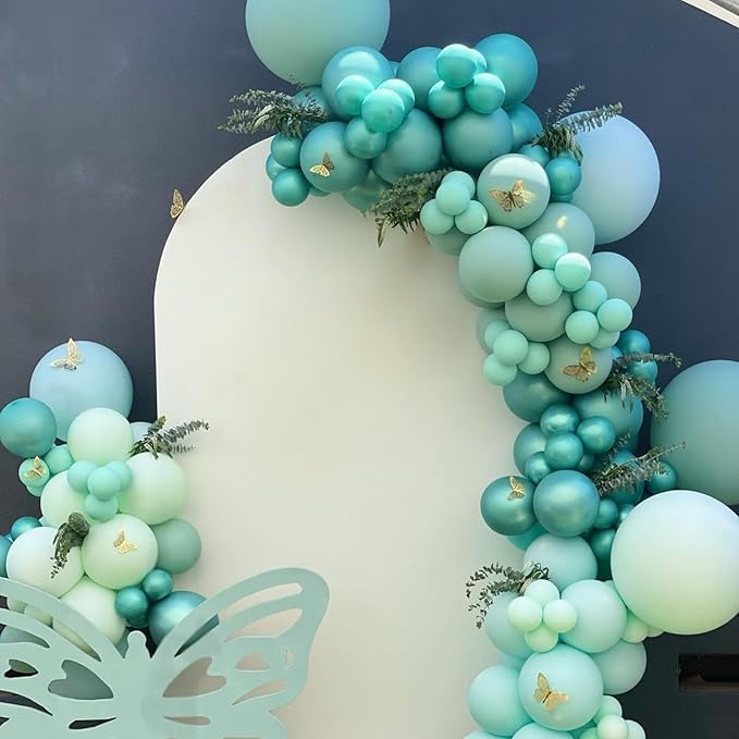 Teal Balloon Arch, Double Stuffed Chrome Teal Macaron Blue Green Balloon Garland, Pearl White Sand Metallic Turquoise Mint Green Balloons for Birthday Under The Sea Ocean Shark Beach Theme Party Decor