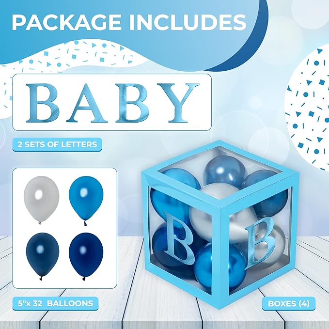 44-Piece Baby Shower Decorations for Boy or Girl - 4 Boxes with Letters and 32 Balloons - Royal Navy Blue and White - Gender Reveal Party Supplies - Photo Shoot Backdrop