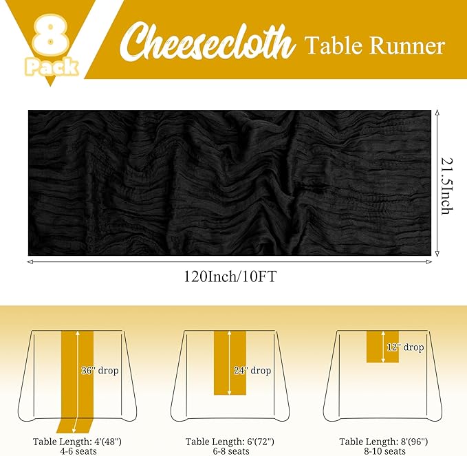 8 Pack Black Table Runner 10FT Cheesecloth Table Runner Boho Gauze Table Runners Long Rustic Sheer Fabric Table Runners for Wedding Party Bridal Shower Farmhouse & Home Decor