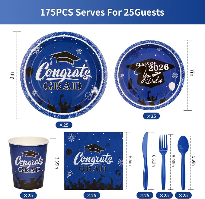 Goodluck Blue 2026 Congrats Grad Disposable Paper Tableware Sets, 175PCS Graduation Party Supplies Includes 9" & 7" Disposable Graduation Paper Plates, 9oz Cups, Napkins & Cutlery for 25 Guests
