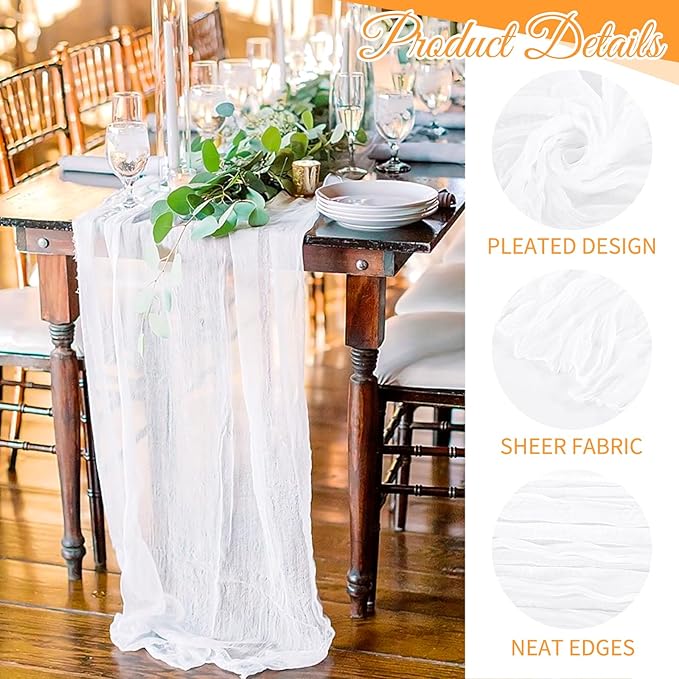 10 Pack White Cheesecloth Table Runner 17x108 Inch Semi Sheer Boho Gauze Cheese Cloth Table Runners, for Wedding Bridal Shower Birthday Party Home Decor Garden Farmhouse