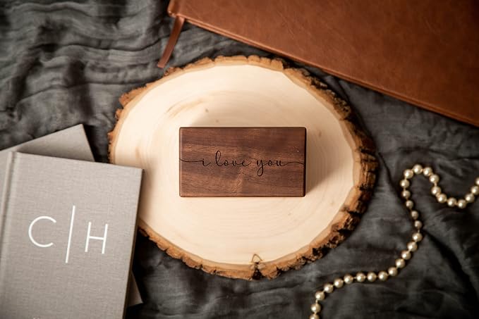 MUUJEE Quad Wooden Ring Box for Wedding Ceremony - Engraved Ring Holder Box for Engagement Proposal Anniversary and Valentines Day Gift for Him or Her (I Love You)