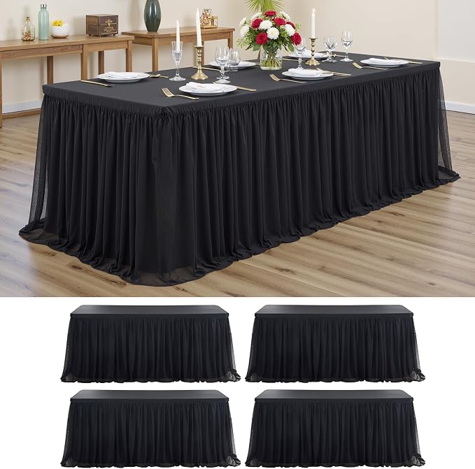 4-Pack Black Tulle Tablecloth for 8 Ft Rectangle Tables – Elastic Spandex Table Cover with Tutu Skirt, Wrinkle Free for Wedding, Birthday Party, Banquet Buffet, Craft fairs