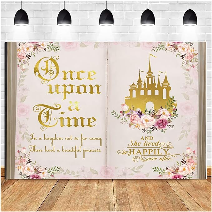 15x10ft Once Upon a Time Backdrop Pink Flower Gold Castle Photography Background Fairy Tale Books Floral Princess Girls Birthday Banner Decorations Fairytale Wedding Portrait Photo Booth Prop