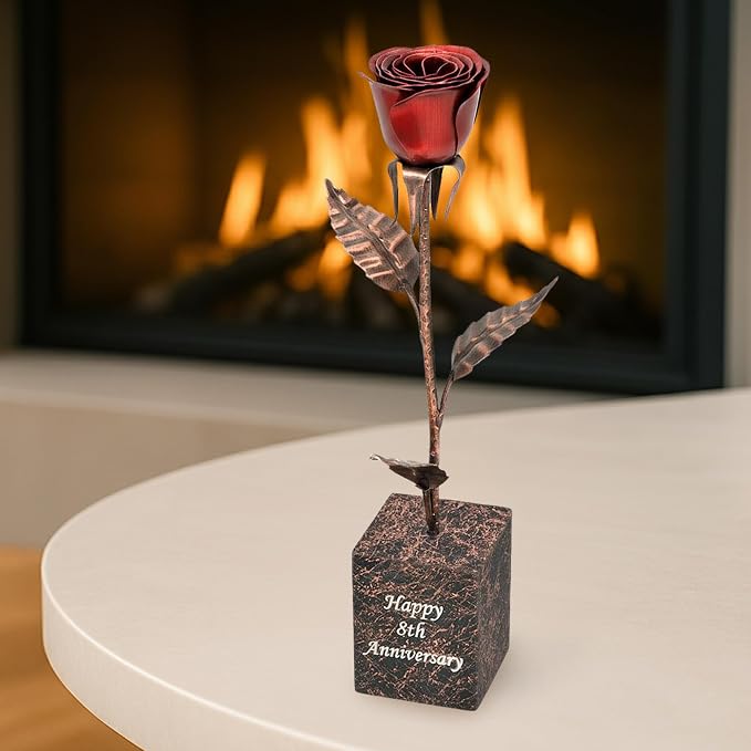 Personalized Bronze Anniversary Rose – 8th or 19th Wedding Anniversary Present, Custom Engraved Solid Copper Flower with Deep Red Bloom – 12 Inch Keepsake