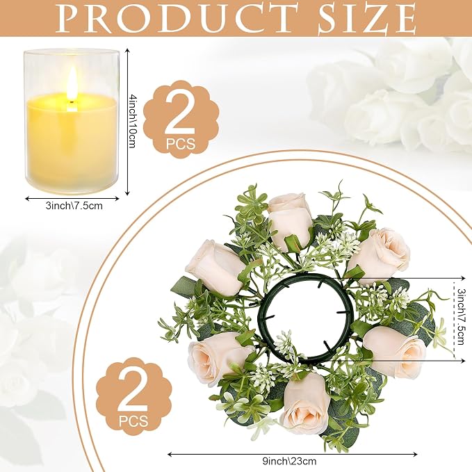Artificial Flowers Candle Rings, 2 Sets Roses Rings Wreaths with LED Flameless Candles Artificial Eucalyptus Leaves for for Tables Chairs Valentine's Day Wedding Banquet Decor - Champagne